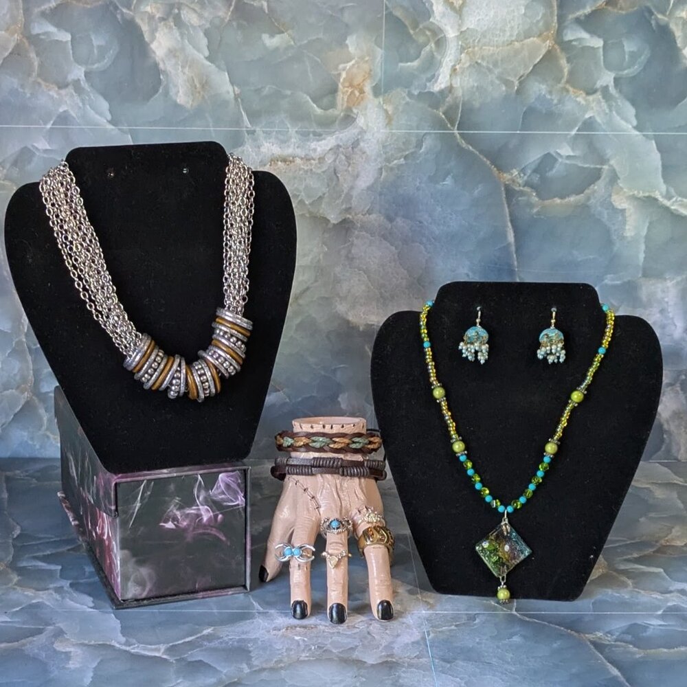 Fashion Jewelry Set: 2 Necklaces, 2 Bracelets, 5 rings. & Earrings